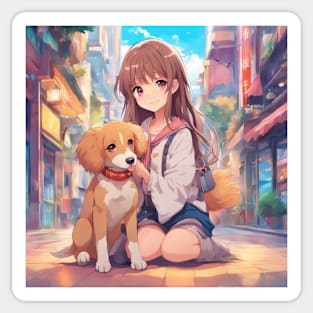 Anime Girl with a cute Dog #005 Sticker